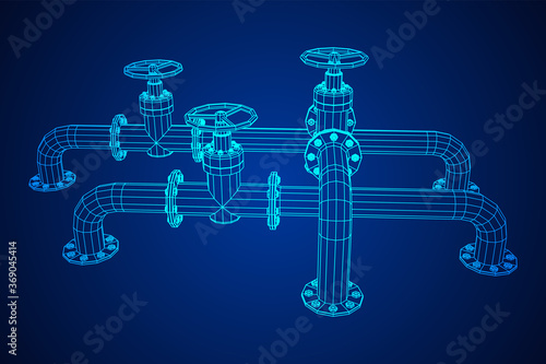 Oil pipeline with valve business concept. Finance economy polygonal petrol production. Petroleum fuel industry transportation line. Wireframe low poly mesh vector illustration.