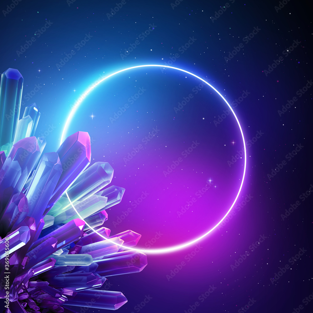 3d render, abstract neon background with crystals and round frame over