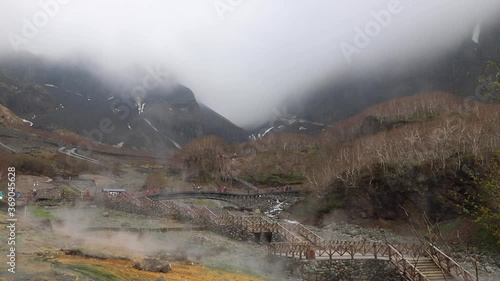 Hot springs, steam and clouds in volcanic valley in North Slope of Changbaishan, which extend from the Northeast Heilongjiang, Jilin and Liaoning, across the border between China and North Korea