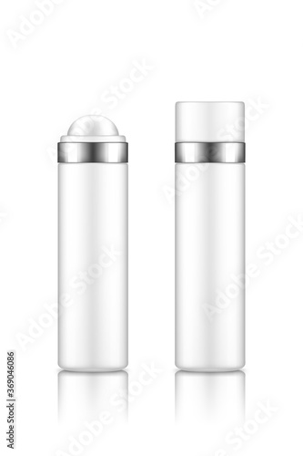Roller bottle deodorant or cream, serum, essential oil. Body care cosmetic template. Blank beauty product container with cap mockup. Packaging design. 3d realistic vector illustration
