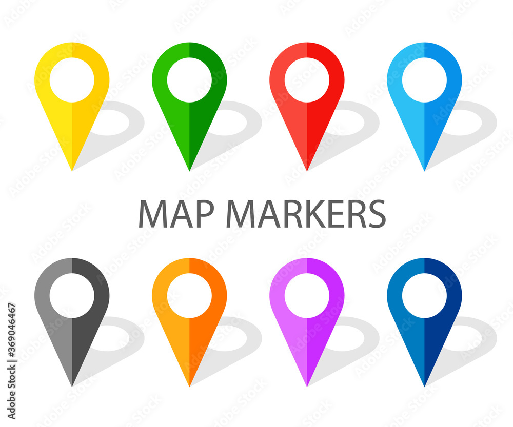 Set of colorful navigation pinpoints with shadow. Flat map pointer. Location on a global map. Vector illustration isolated on white background