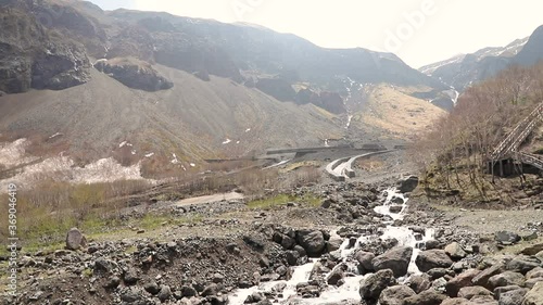 Waterfall and streams in volcanic valley in North Slope Scenic Area of Changbaishan, which extend from the Northeast Heilongjiang, Jilin and Liaoning, across the border between China and North Korea