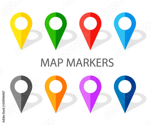 Set of colorful navigation pinpoints with shadow. Flat map pointer. Location on a global map. Vector illustration isolated on white background