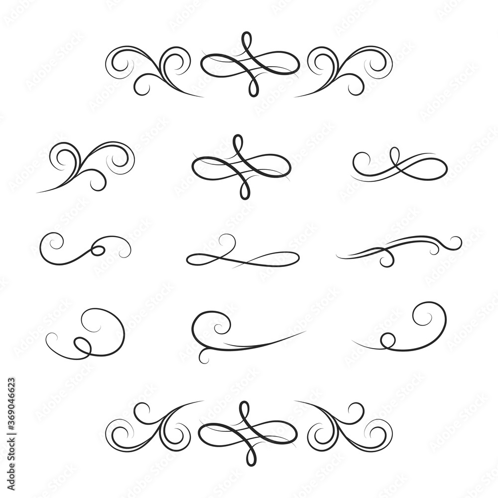 Set of royal swirl dividers.  Vector isolated victorian borders. Classic wedding invitation calligraphic lines. Filigree vignette scrolls.