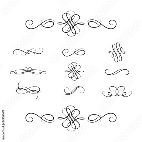 Set of swirl dividers. Filigree vignette borders. Vector isolated scrolls. Classic wedding invitation calligraphic lines.