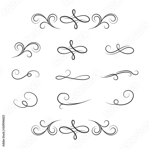 Set of royal swirl dividers. Vector isolated victorian borders. Classic wedding invitation calligraphic lines. Filigree vignette scrolls.