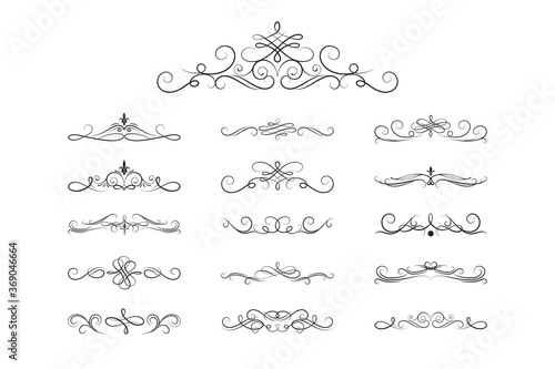 Set of filigree vignette dividers.  Vector isolated victorian borders, swirls and scrolls.. Classic wedding invitation calligraphic lines. 