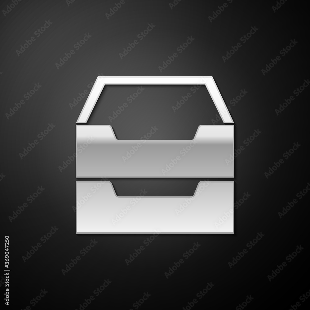 Silver Drawer with documents icon isolated on black background. Archive papers drawer. File Cabinet Drawer. Office furniture. Long shadow style. Vector. Silver Drawer with documents icon isolated on black background. Archive papers drawer. File Cabinet Drawer. Office furniture. Long shadow style. Vector.