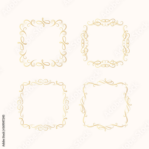 Set of hand drawn golden vignette swirl borders in royal style. Vector isolated vintage certificate frames for invitation card. Calligraphic gold scrolls.