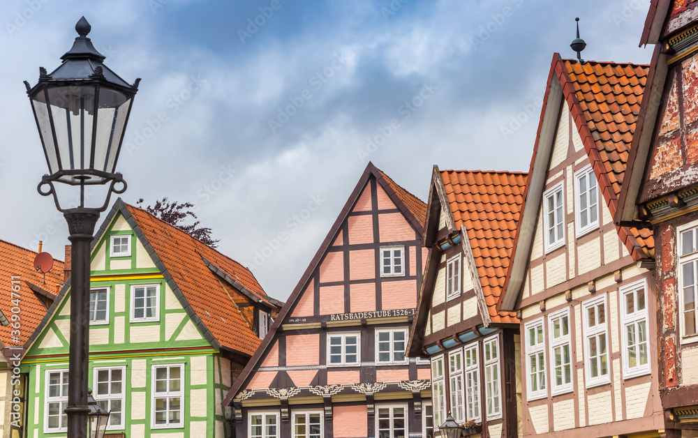 Colorful half timbered houses and street light in Celle, Germany