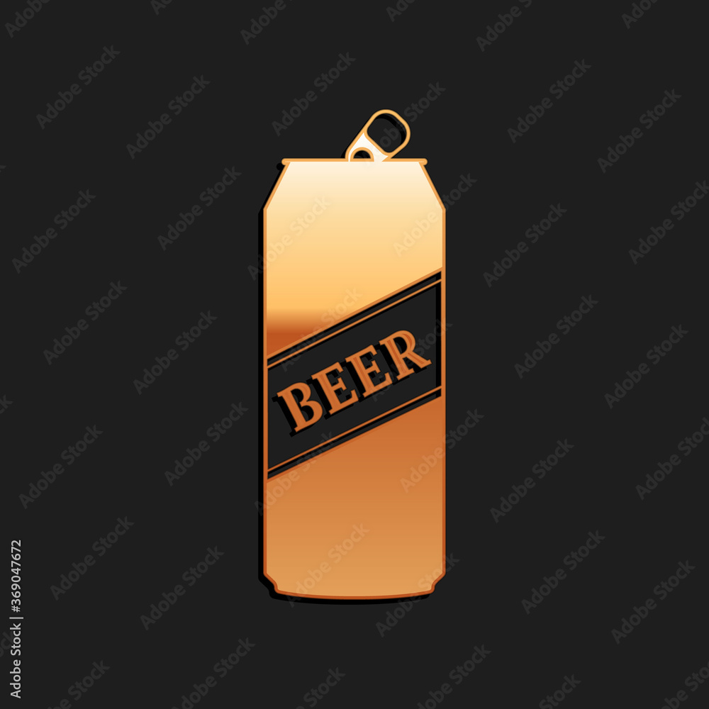 Gold Beer can icon isolated on black background. Long shadow style. Vector. Gold Beer can icon isolated on black background. Long shadow style. Vector.