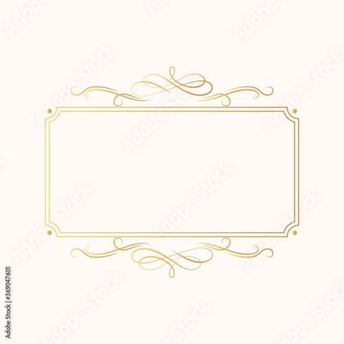 Hand drawn golden vintage rectangular swirl border in royal style. Vector isolated luxury wedding invitation card template. Certificate frame with gold filigree decor elements. 