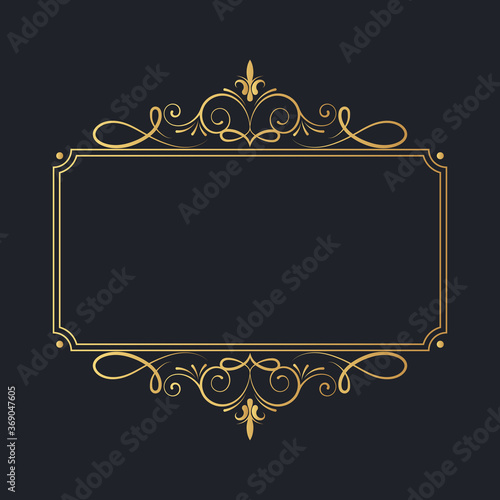 Hand drawn golden royal rectangular swirl border in vintage style. Vector isolated luxury wedding invitation card template. Certificate frame with gold filigree decor elements. 