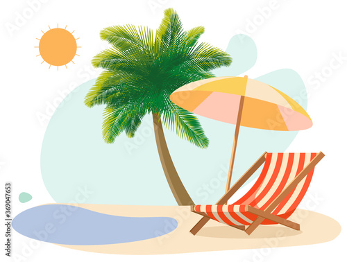 Vacation concept  beach  deck chair  umbrella  sun