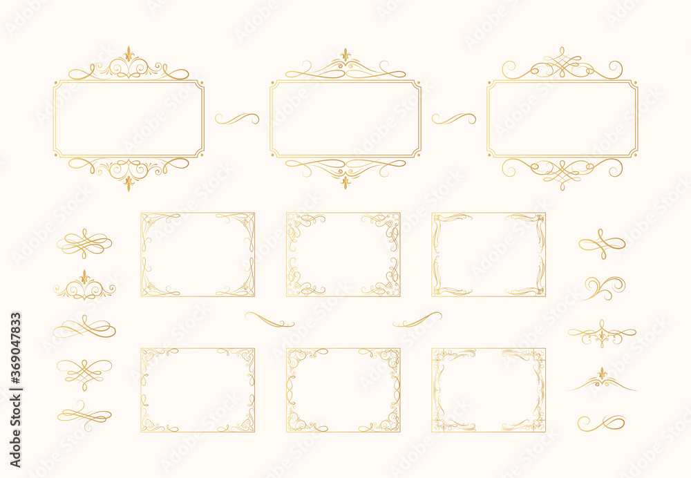 Set of hand drawn rectangular golden swirls, scrolls,  borders in baroque style. Certificate gold frames with filigree elements.  Vector isolated luxury wedding invitation card templates and dividers.