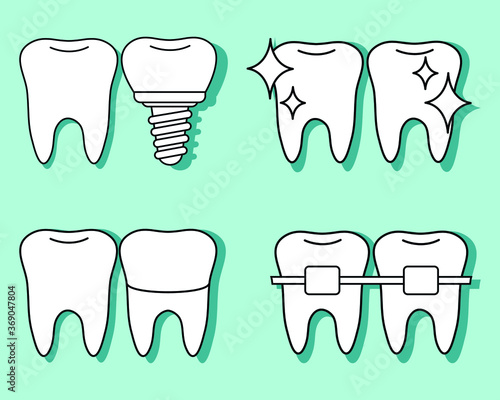 Teeth icons. Vector graphics. Flat image. Dental implants. Braces. Correction and treatment of teeth. Oral hygiene.