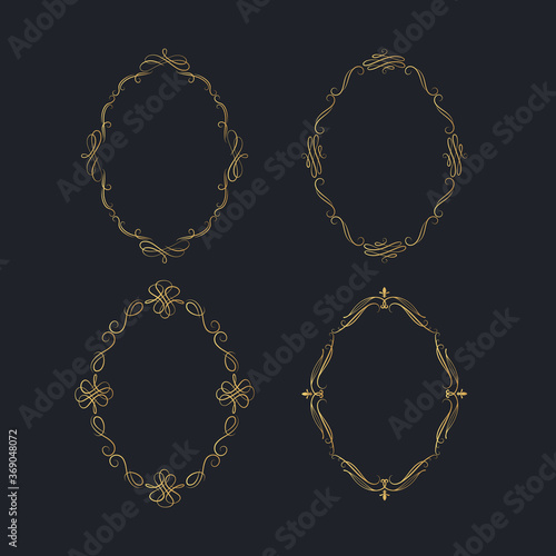 Set of hand drawn golden vintage oval swirl frames. Victorian ornate fancy round borders for wedding. Vector isolated filigree invitation card templates.
