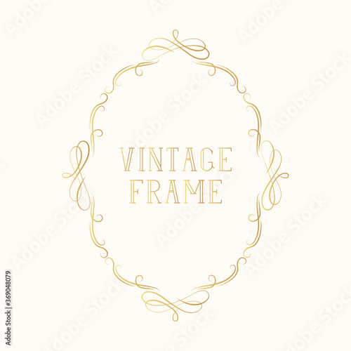 Hand drawn gold filigree ornate classic  wedding border. Vintage oval royal frame with swirls and scrolls.  Vector isolated golden calligraphic invitation card template.