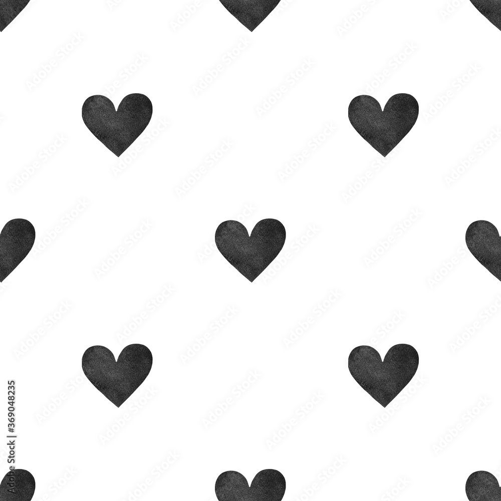 Watercolor seamless heart pattern Cute wrapping print Hand drawn romantic print with black hearts on white background