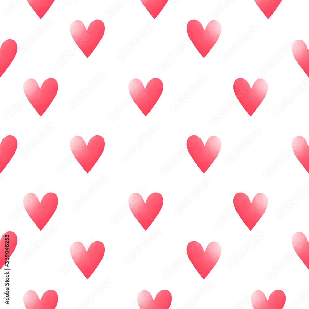 Love seamless pattern Hand drawn romantic print Bright pink gradient hearts on white backdrop