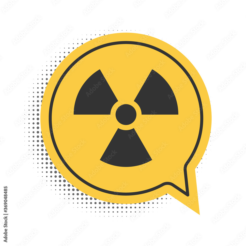 Black Radioactive icon isolated on white background. Radioactive toxic symbol. Radiation Hazard sign. Yellow speech bubble symbol. Vector. Black Radioactive icon isolated on white background. Radioactive toxic symbol. Radiation Hazard sign. Yellow speech bubble symbol. Vector.