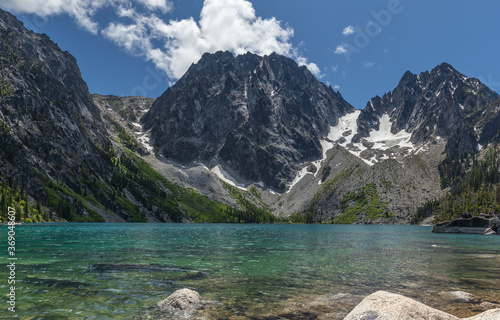 panorama of colchuck lake in central washington as part of the enchantment mountain range