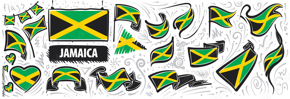 Vector set of the national flag of Jamaica in various creative designs Vector set of the national flag of Jamaica in various creative designs