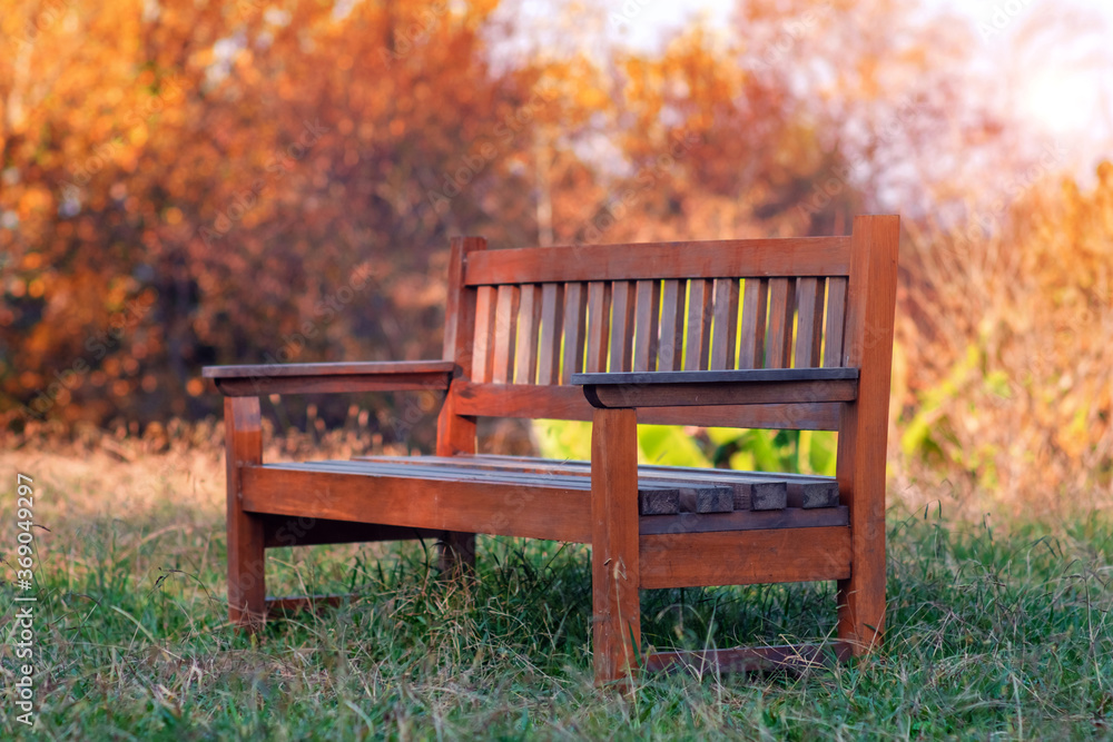 Empty wooden bench in autumn park with colorful trees background Empty wooden bench in autumn park with colorful trees background