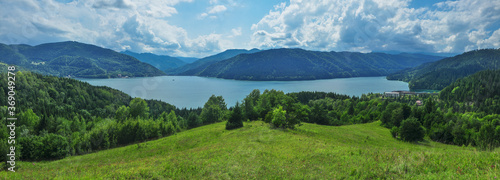 Izvorul Muntelui Lake panorama taken in summer. Ceahlau Massif, Carpathian Mountains, Romania