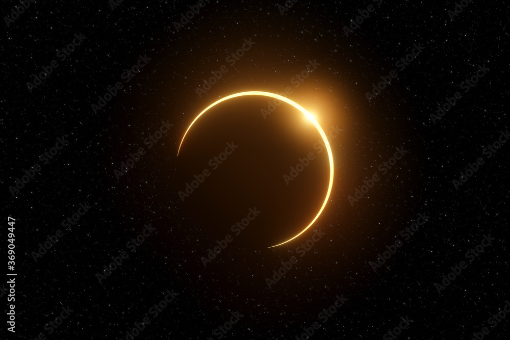Representation of a partial solar eclipse close to the annular eclipse phase on a space background with stars - obrazy, fototapety, plakaty 