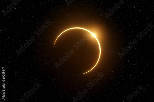 Representation of a partial solar eclipse close to the annular eclipse phase on a space background with stars photo