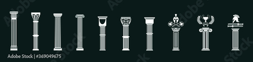 Ancient pillars set isolated on black background