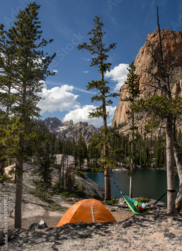 Campsite taken while backpacking to the saddleback lake viewing the large elephants perch in the sawtooth mountain range on a beautiful sunny summer day 