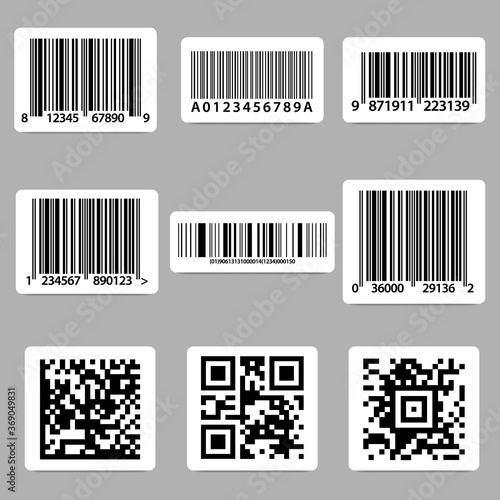 Set of barcode bar code templates for scanner digital codes for social networking, market, payments and design. Vector labels.
