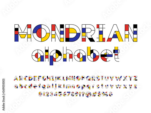 Mondrian art style alphabet design with uppercase, lowercase, numbers and symbols