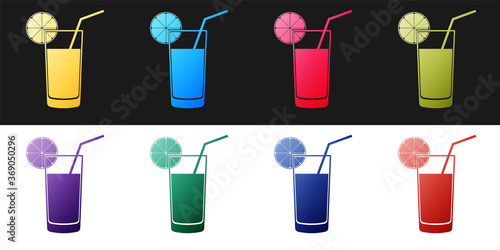 Set Glass of juice icon isolated on black and white background. Orange slice and tube for drinking. Healthy organic food. Vector.