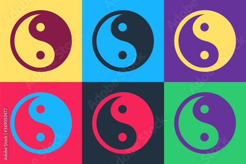 Pop art Yin Yang symbol of harmony and balance icon isolated on color background. Vector.