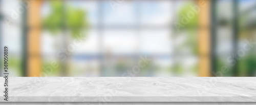Perspective white marble shelf table and blur glass wall background window room interior decoration background, product montage display,can be used for display or montage your products.
