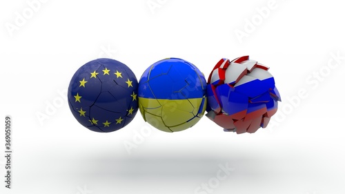 3D rendering of three spheres, Europe, Ukraine and Russia. Ukraine is crushed between the two countries. The idea of economic and political confrontation and balance in the Euro-Asian region. photo