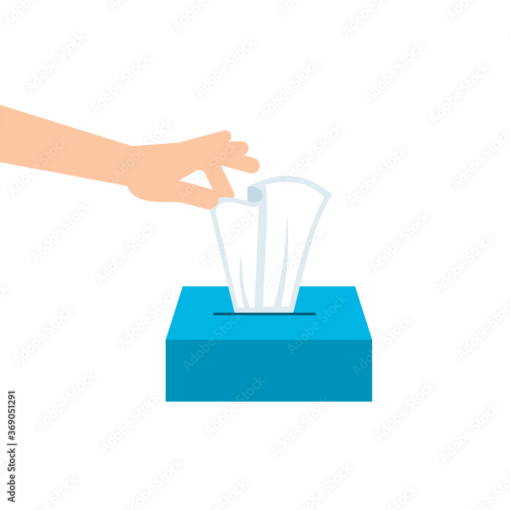 Hand is pulling a paper tissue from a box. Personal hygiene. Hand takes a cleaning wipe from a cardboard package. Paper towels. Blue box on white background. Vector illustration, flat, clip art. Hand is pulling a paper tissue from a box. Personal hygiene. Hand takes a cleaning wipe from a cardboard package. Paper towels. Blue box on white background. Vector illustration, flat, clip art.