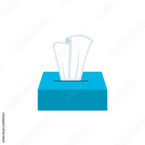 Blue paper tissue box on white background. Cardboard package of cleaning wipes. Facial tissues dispenser isolated. Paper napkins in a box. Cartoon icon. Vector illustration, flat design, clip art.