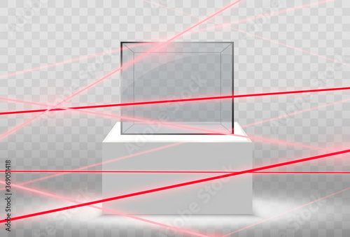 Realistic glass box or container on a white stand .Vector illustration.