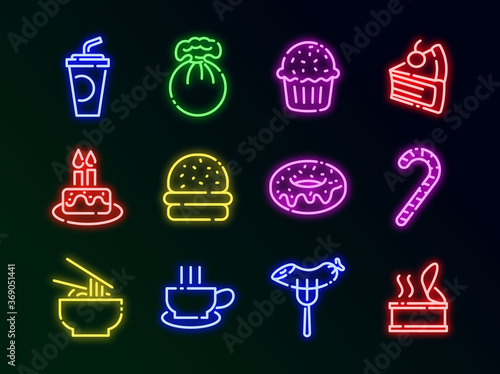 Foods and Drinks line glow neon icons style 3 vol 3