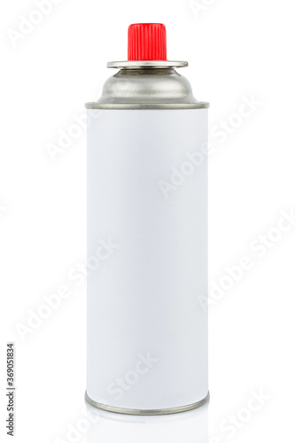 White portable gas cylinder for portable gas appliances with closed red cap isolated on white background