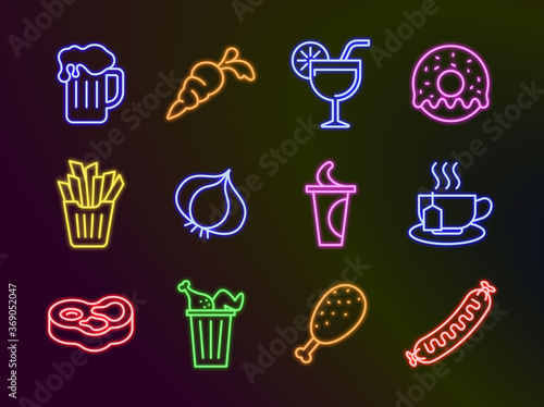 Foods and Drinks line glow neon icons style 4 vol 3