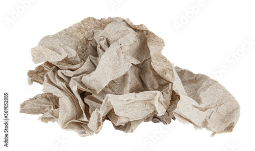Crumpled cheap grey toilet paper isolated on white background