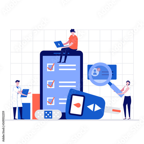 Diabetes monitoring vector illustration concept with characters. Modern flat style for landing page, mobile app, poster, flyer, template, web banner, infographics, hero images