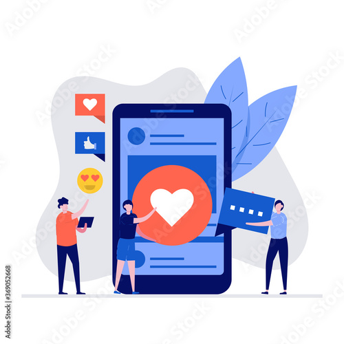 Social media vector illustration concept with characters. People standing near big smartphone, leaving comments and likes for photo in mobile apps. Modern flat style for web banner, hero images