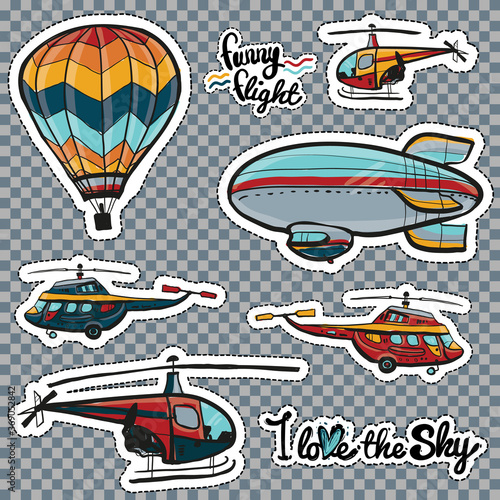 Kid sky transport vector set. Sticker or patch design. Funny transportation badges.