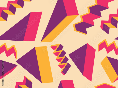 Seamless pattern 3d isometric geometric shapes in memphis style 80s. Background for promotional products, wrapping paper and printing. Vector illustration © andyvi